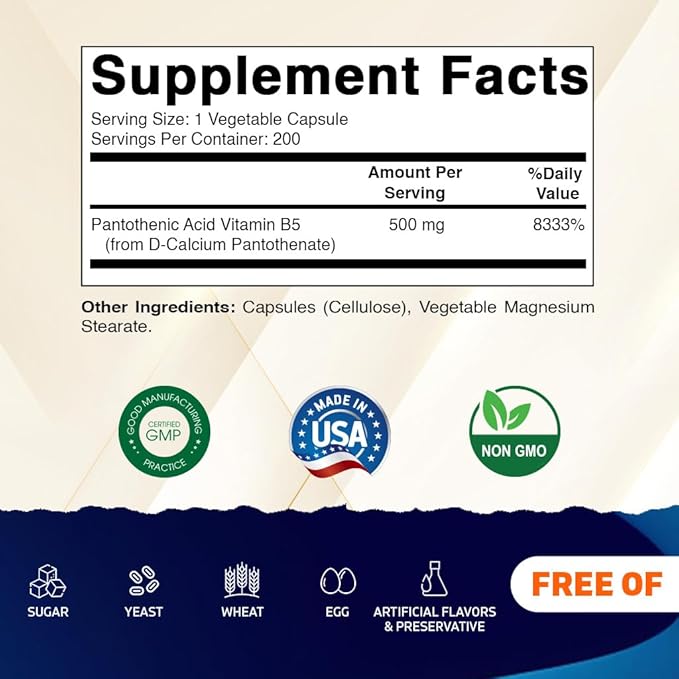 Vitamatic Pantothenic Acid (Vitamin B5) 500 mg- 200 Capsules