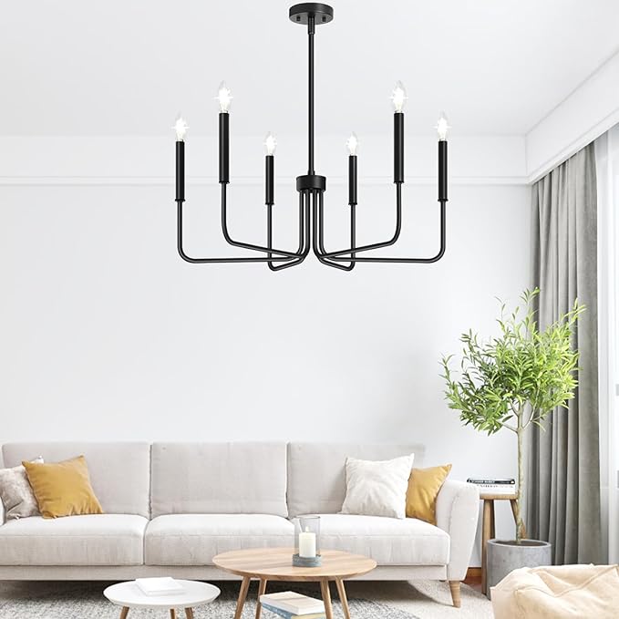 Black Chandelier, 6-Light Farmhouse Chandelier for Dining Room Lighting Fixtures Hanging, Industrial Modern Chandelier for Bedroom, Foyer, Hall, Kitchen, Living Room, Entryway (No Assembly Required)