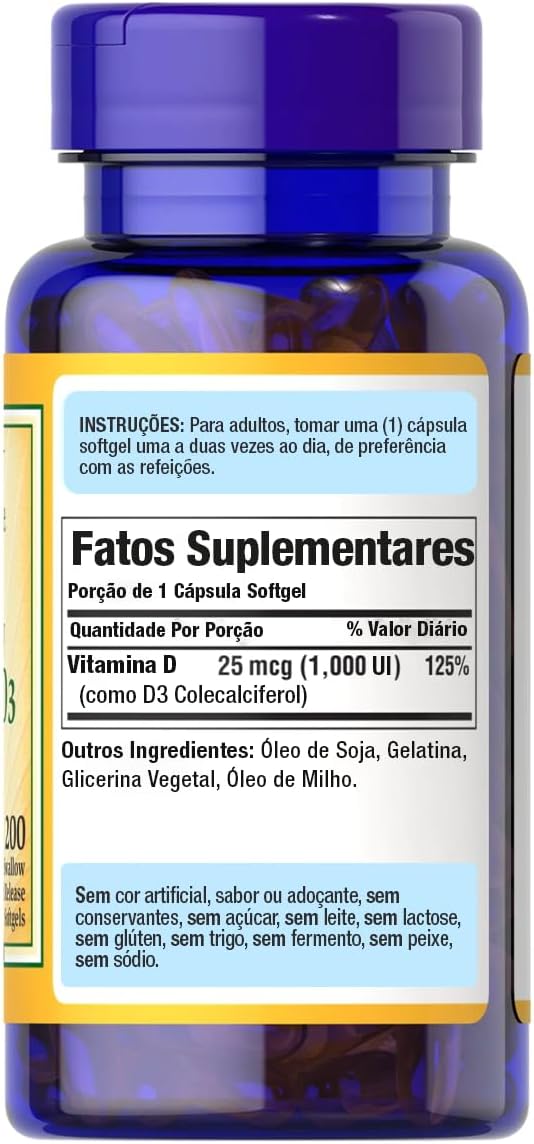 Puritan's Pride Vitamine D3 Haute Puissance 1000 UI, 200 Gélules