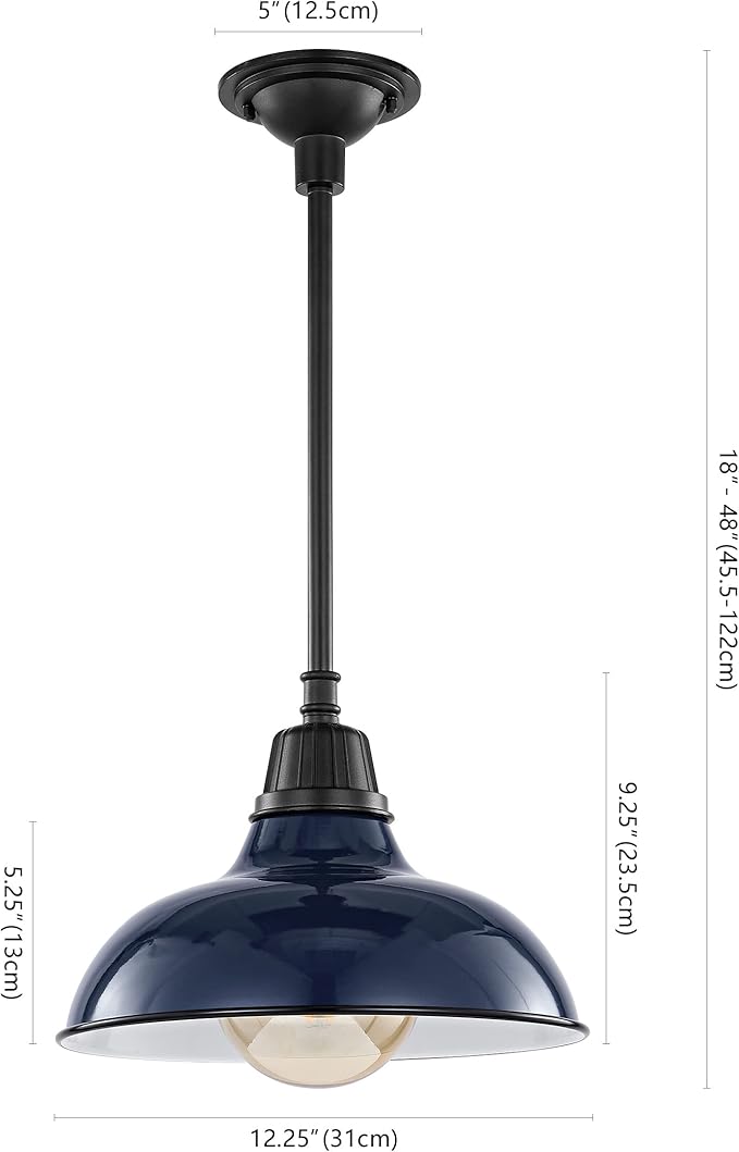 JONATHAN Y 12.25" Navy/Black 1-Light Farmhouse Indoor/Outdoor LED Pendant Iron Hanging Light, and Black Metal Shade, Rustic Ceiling Lamp for Kitchen Island, LED Bulb Included (JYL7611C)