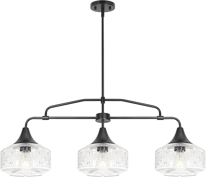 Farmhouse Kitchen Island Lighting, Black 3-Light Island Light for Kitchen, Adjustable Dining Room Light Fixture Over Table, Linear Chandelier Pendant Lighting with Clear Glass for Living Room Sink