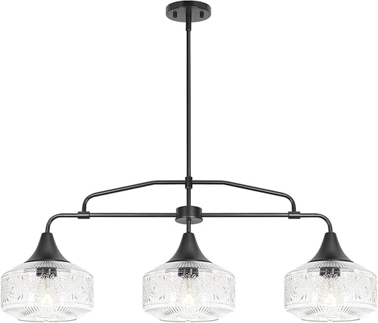 Farmhouse Kitchen Island Lighting, Black 3-Light Island Light for Kitchen, Adjustable Dining Room Light Fixture Over Table, Linear Chandelier Pendant Lighting with Clear Glass for Living Room Sink