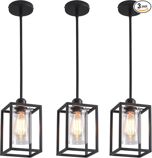 3 Pack Stem Rod Black Pendant Lights for Kitchen Island Industrial Lantern Pendant Light Fixtures with Clear Glass Shade, Farmhouse Adjustable Height Hanging Pendant Lighting