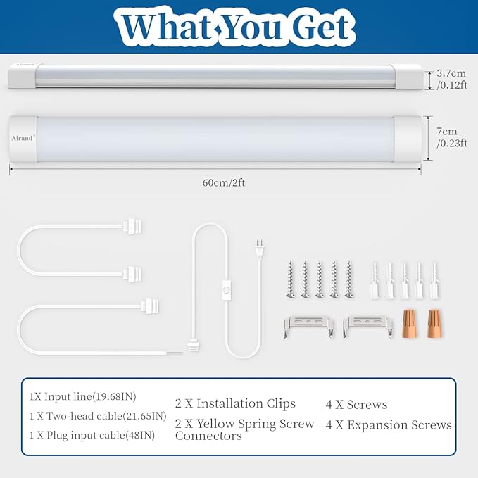 Airand Utility LED Shop Light Fixture 2FT with Plug, Linkable led Tube Light 5000K Under Cabinet Lighting,1800 LM LED Ceiling and Closet Light 18W, Corded Electric with ON/Off Switch