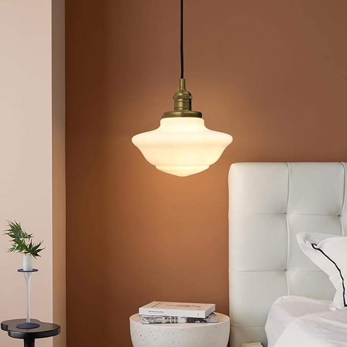 Pathson Modern Pendant Light with Milk White Glass, Vintage Ceiling Pendant Lighting Adjustable Textile Cord, Frosted Ceiling Fixture Lamp for Living Room Bedroom Kitchen Dining Room