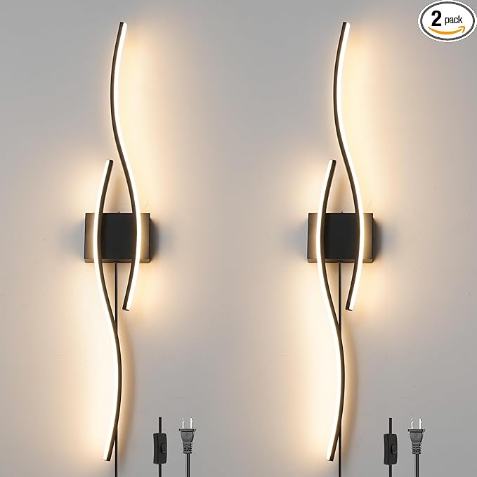 Daunton Modern Plug in Wall Sconces Set of Two, RC Dimmable LED Plug in Wall Light, Black Sconce Wall Lighting for Living Room, Hallway, Bedroom