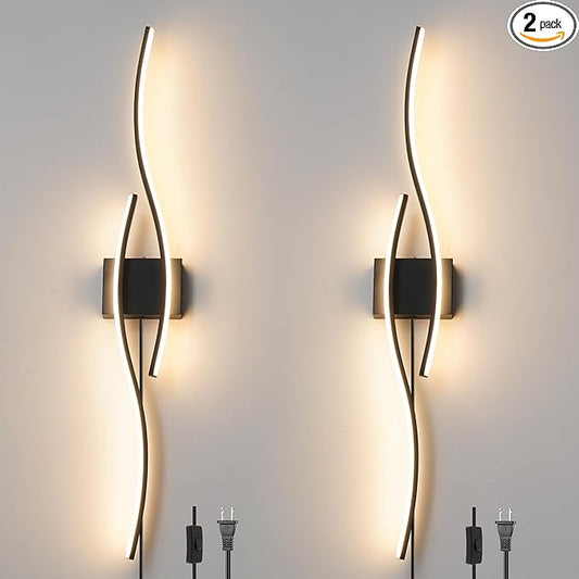 Daunton Modern Plug in Wall Sconces Set of Two, RC Dimmable LED Plug in Wall Light, Black Sconce Wall Lighting for Living Room, Hallway, Bedroom