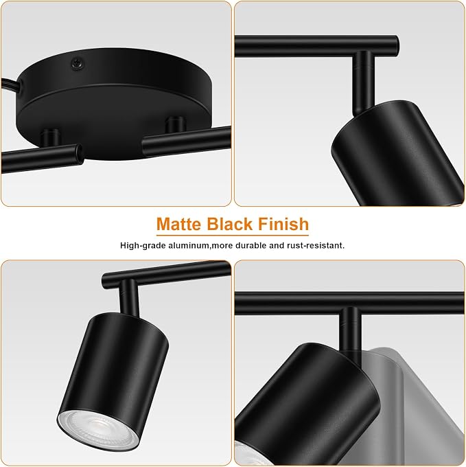 Plug in Track Lighting LED, Track Lighting Fixtures Ceiling, Black 4-Light Kitchen Light Kit, Plug in Wall Light with 14.8ft Power Cord, Rotatable Ceiling Spotlight for Bedroom(GU10 Socket, NO Bulb)