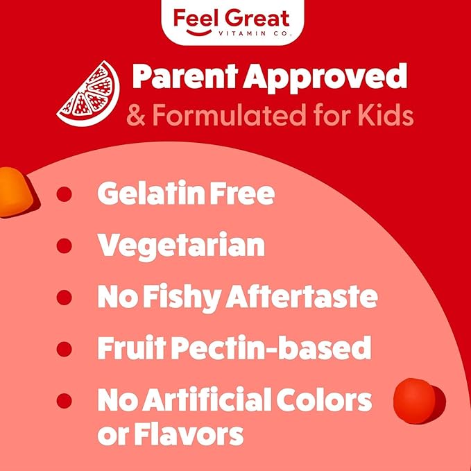 Feel Great Vitamins Kids DHA Gummies with Omega 3 6 9, Vitamin C (2-Pack) | Supports Healthy Brain Function, Vision & Heart Health | Gluten Free, Vegetarian | 60 Gummies