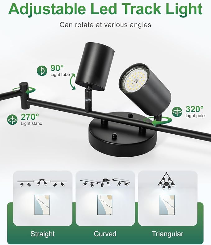 6 Ways Track Lighting, Rotatable Heads Tracks Light, Track Lightings Fixtures Ceiling with Foldable Arms, Modern Black Tracks Light for Kitchen, Living Room, Hallway(Bulbs Not Included)