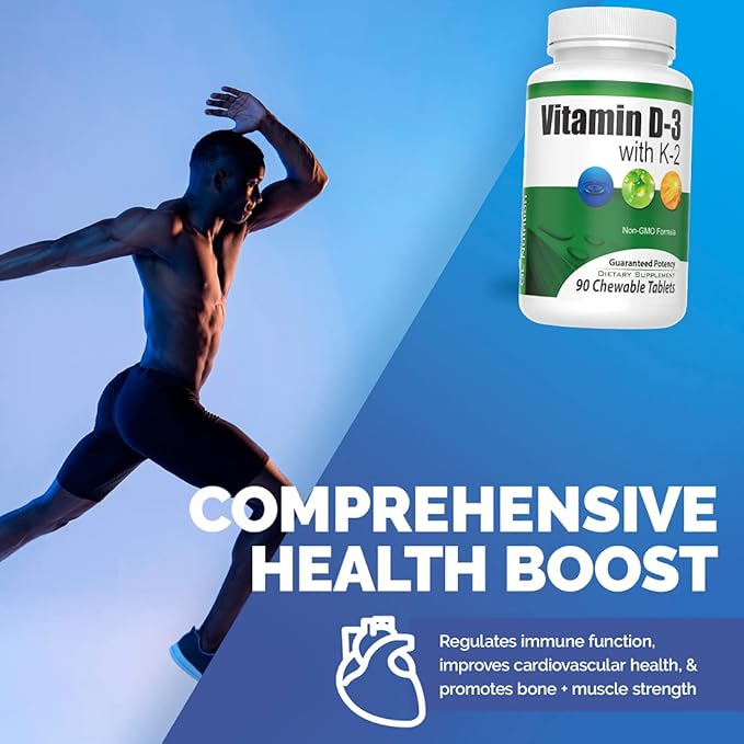 Complément de Vitamine D3 et Vitamine K2 à croquer pour Hommes et Femmes, 90 comprimés à croquer