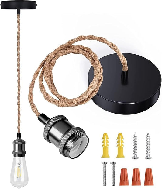 JACKYLED UL Boho Pendant Light Kit, Hemp Rope Light Fixture with Adjustable Hanging Light Cord & E26 E27 Light Socket, Vintage Ceiling Light for DIY Kitchen Island, Bedroom, Farmhouse