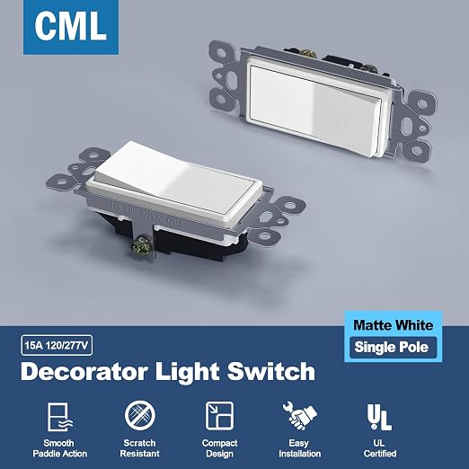 CML Matte White Decorator Rocker Paddle Light Switch, 100 Pack Single Pole Wall Switch, 15A 120/277V, On/Off Interrupter, UL Listed