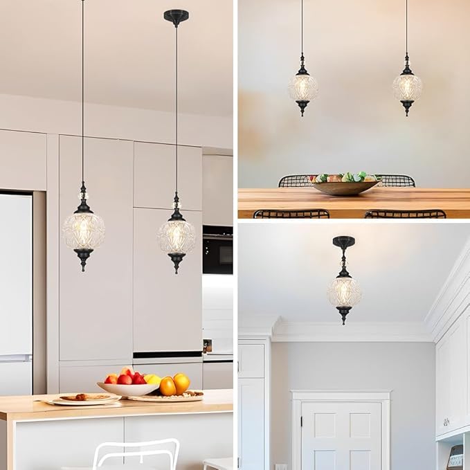 Pendant Lights Kitchen Island 2 Pack, Black Vintage Pendant Light with Detachable Glass Shade, Adjustable Hanging Light for Kitchen Island Lighting, Bathroom, Farmhouse, G9 Base (Bulbs Not Included)