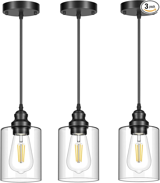 Licperron 3 Pack Hanging Pendant Lighting Fixtures, Adjustable Black Hanging Ceiling Lamp with Clear Glass Shade, Modern Pendant Light for Kitchen Island, Dining Room, Bedroom, Hallway