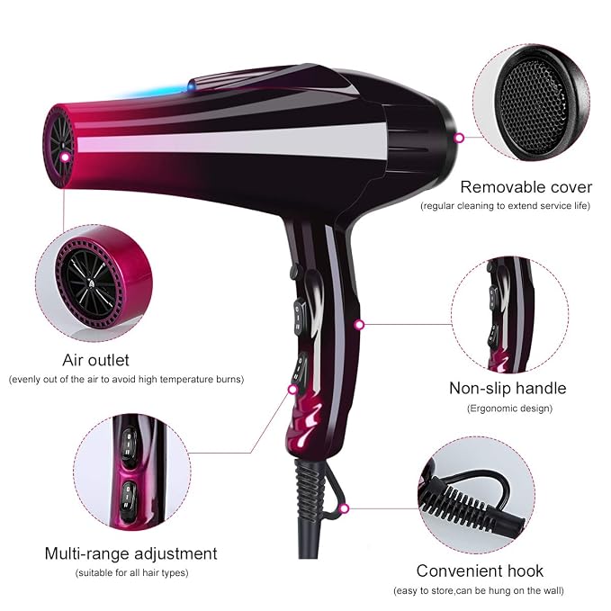 Professional Hair Dryer with Blue Light Far Infrared Negative Ionic 3500W Blow Dryer Fast Drying Heat Hairdryer Powerful Home Salon Hair Dryers with Attachment