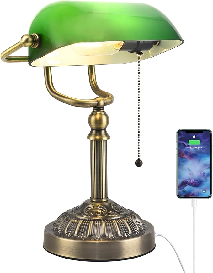 Bankers Desk Lamp with USB-A Charging Port, Vintage Desk Lamps with Pull Chain Green Glass, Antique Brass Banker's Lamp for Home Office Library