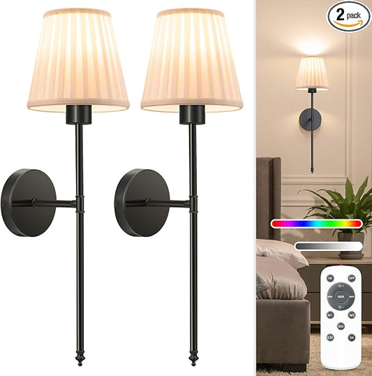 NIORSUN Battery Operated Wall Sconce Set of 2,Beige-Black Rechargeable Wall Lights with 10400mAh Dimmable Bulbs and Remote, 9 Colors Wireless Wall Lamps for Bedroom Living Room Hallway