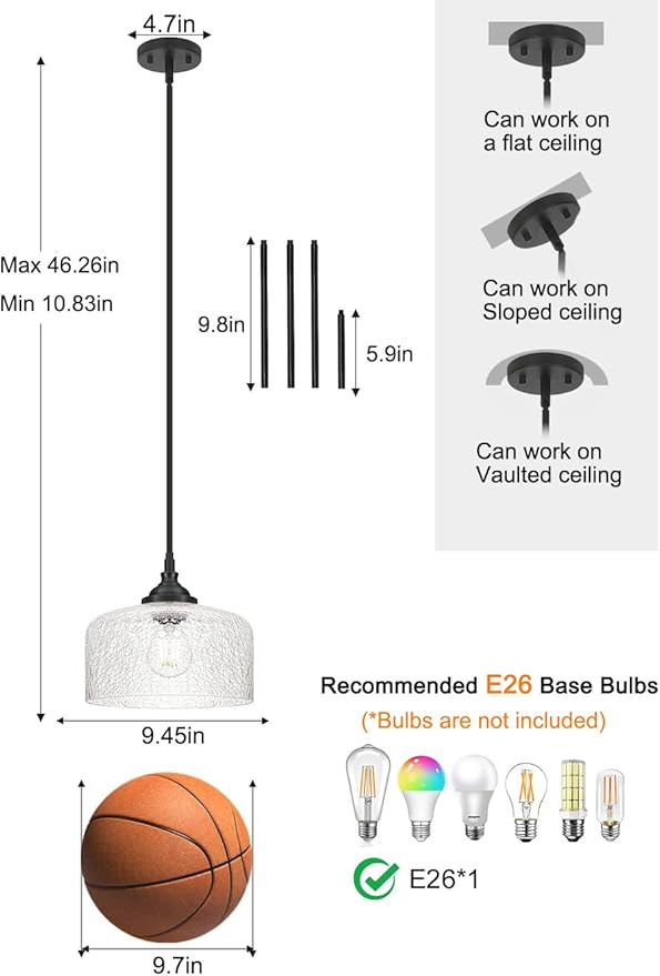 Black Vintage Pendant Lights Kitchen Island, Farmhouse Pendant Lights With Cracked Glass, Adjustable Hight & Angle Bathroom Hanging Lights Fixtures For Home Bedroom Hallway,Dining Room,E26 Socket