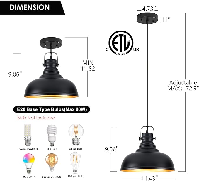 Refice 2 Pack Farmhouse Pendant Lights Black Pendant Lighting for Kitchen Island Adjustable Height Dome Hanging Lights for Barn, Dining Room