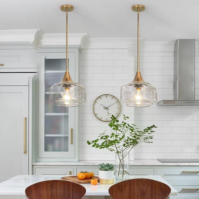 Vintage Gold Pendant Light with Clear Glass, Adjustable Kitchen Pendant Lighting over Island, Brushed Pendant Lights Kitchen Island, Dual Mount Ceiling & Hanging Fixtures with 90° Swivel for Decor
