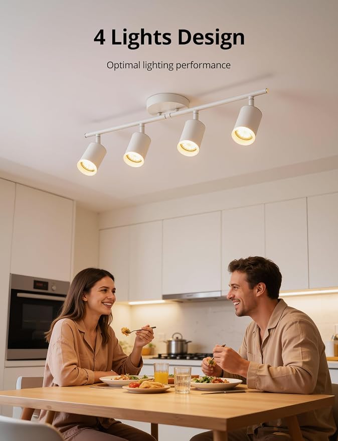 Bojim Track Lighting Fixtures Ceiling Mount for Kitchen, White 4 Way LED Spot Lights Indoor, Flexible Modern Track Light GU10 Socket for Studio, Bulbs Not Included