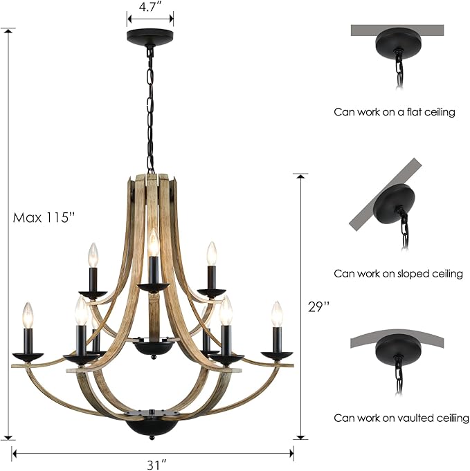 LAMPKEDUO Farmhouse Chandeliers for Dining Room Light Fixture, 9-Light 31" Adjustable Height Retro Faux Wood Texture Rustic Light Fixtures for Living Room Bedroom Kitchen Island Foyer Entryway