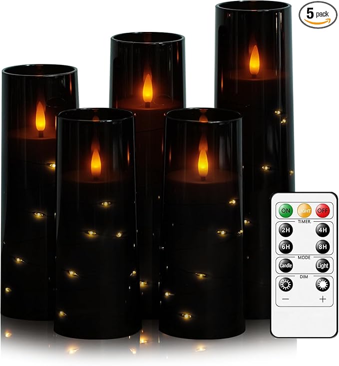 kakoya Flameless LED Candles with Timer 5 Pc Flickering Flameless Candles for Romantic Ambiance and Home Decoration Stable Acrylic Shell,with Embedded Star String,Battery Operated Candles（Black）