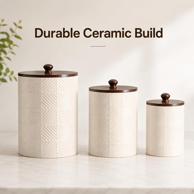 Ceramic Canisters Sets for the Kitchen - Kitchen Canisters for Countertop with Airtight Bamboo Lids - Ceramic Canister Set of 3 for Flour, Sugar, Tea or Spice - Airtight Coffee Canister