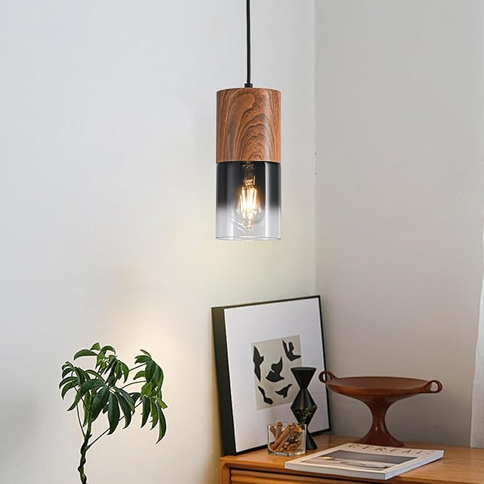 2-Pack Modern Pendant Lights for Kitchen Island, Adjustable Black Pendant Light Fixtures with Brown Wood Grain, Industrial Glass Pendant Lights for Dining Table Hallway Bedroom Living Room