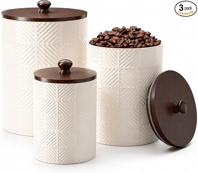 Ceramic Canisters Sets for the Kitchen - Kitchen Canisters for Countertop with Airtight Bamboo Lids - Ceramic Canister Set of 3 for Flour, Sugar, Tea or Spice - Airtight Coffee Canister