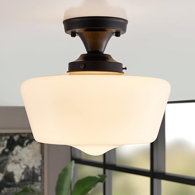 youngrender Semi Flush Mount Ceiling Light, Black Schoolhouse Milk Glass Light Fixture, Vintage Farmhouse Ceiling Light for Kitchen Hallway Entryway Bedroom Dining Room, E26
