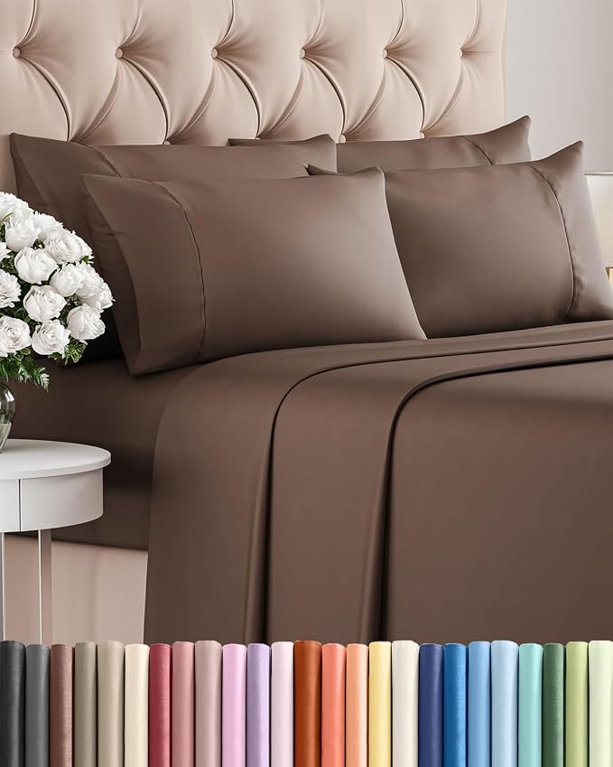 Full 6 Piece Sheet Set - Comfy Breathable & Cooling - Ultra Soft Hotel Luxury Bedding Set with 8-16 Inch Deep Pockets - 1 Flat & 1 Fitted Sheet & 4 Pillowcases - Cozy, Wrinkle Free & Easy Care - Brown