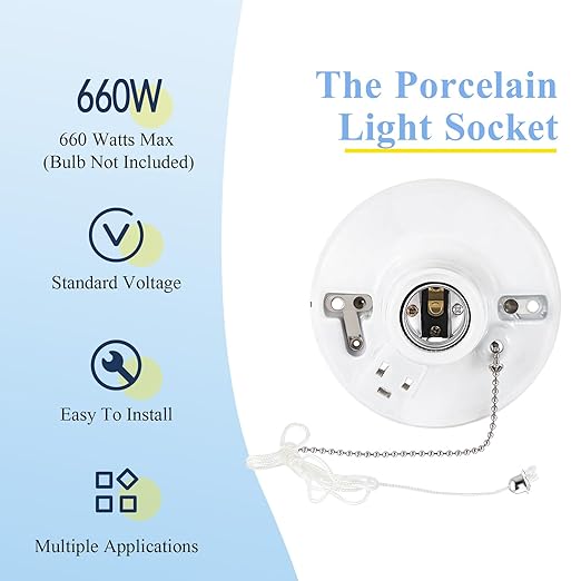 1 Pack Light Socket with Outlet and Pull Chain Light Fixture, Bulb Socket with Grounded Outlet, E27/e26 Base, Box Mount for Indoor Garage Closet Lighting (Porcelain)