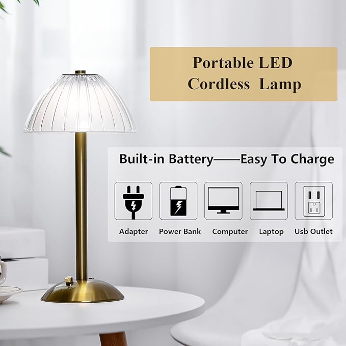 Liliful 2 Pcs Cordless Table Lamp Rechargeable Touch LED Small Gold Portable Battery Operated USB-c Desk Lamp 3 Color Dimmable for Bedroom Living Room Dining (Gold,Mushroom Style)