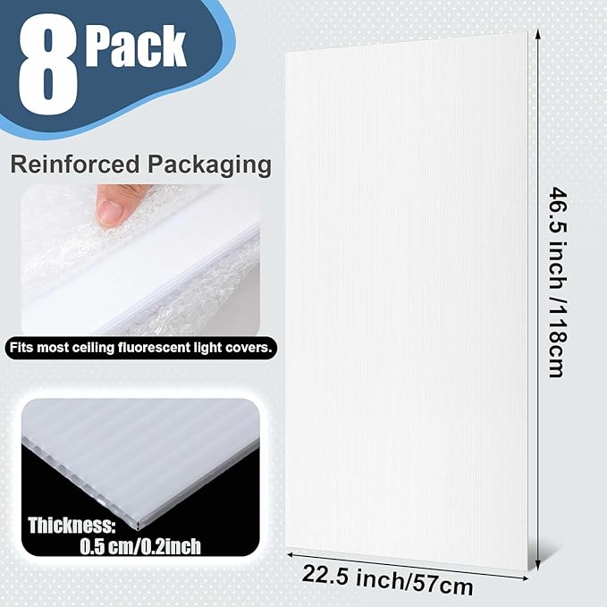 Pushglossy 8 Pack 22.5" x 46.5" x 0.2" Fluorescent Light Covers Classroom Office Diffuser Panels Cuttable for 2x4ft Drop Ceiling Light Polycarbonate Replacement Cover for Hospitals Home (Milky White)