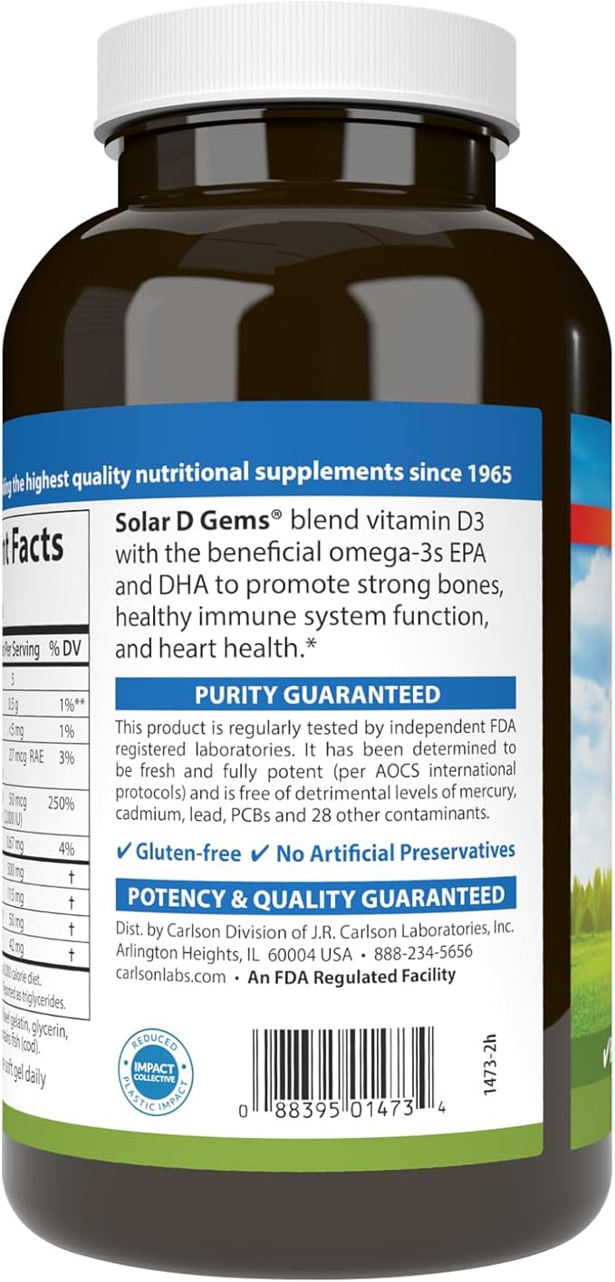 Carlson - Solar D Gems、ビタミンD3およびオメガ3サプリメント、2000 IU（50 mcg）ビタミンD3、115 mg オメガ3 EPAおよびDHAサプリメント、天然、持続可能な供給源、レモン、360ソフトジェル