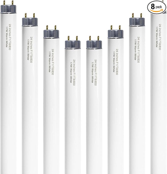 Konideke 24 inch F17T8/830 17 Watts Light Bulb Warm White, 2 Foot Straight Fluorescent Tube T8 Tube Light F17T8/WW, 1500 Lumen G13 Medium Bi-Pin Cap 8 Pack
