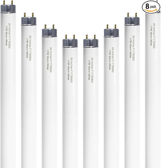 Konideke 24 inch F17T8/830 17 Watts Light Bulb Warm White, 2 Foot Straight Fluorescent Tube T8 Tube Light F17T8/WW, 1500 Lumen G13 Medium Bi-Pin Cap 8 Pack