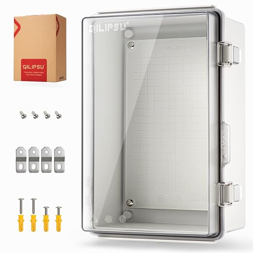 QILIPSU UL94-V0 Outdoor WiFi Enclosure Waterproof Router Junction Box, 11.4"x7.5"x5.5" Pro IP67 Electrical Network Enclosure, Clear Hinged Door Weatherproof for Solar Projects