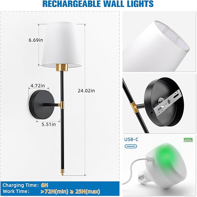 NIORSUN Battery Operated Wall Sconce Set of 2,Gold-Black Rechargeable Wall Lights with 10400mAh Dimmable Bulbs and Remote,9 Colors Wireless Wall Lamps for Bedroom Living Room Hallway Decor