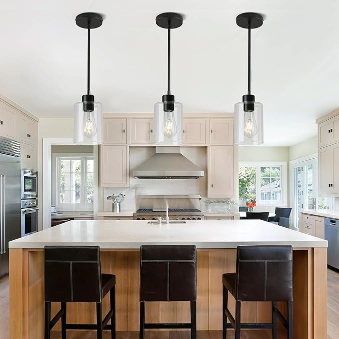 3 Pack Black Pendant Lights Kitchen Island, Modern Industrial Matte Black Hanging Light Fixtures, Adjustable Downrod Farmhouse Glass Pendant Lighting for Dining Room Bedroom Hallway Entryway