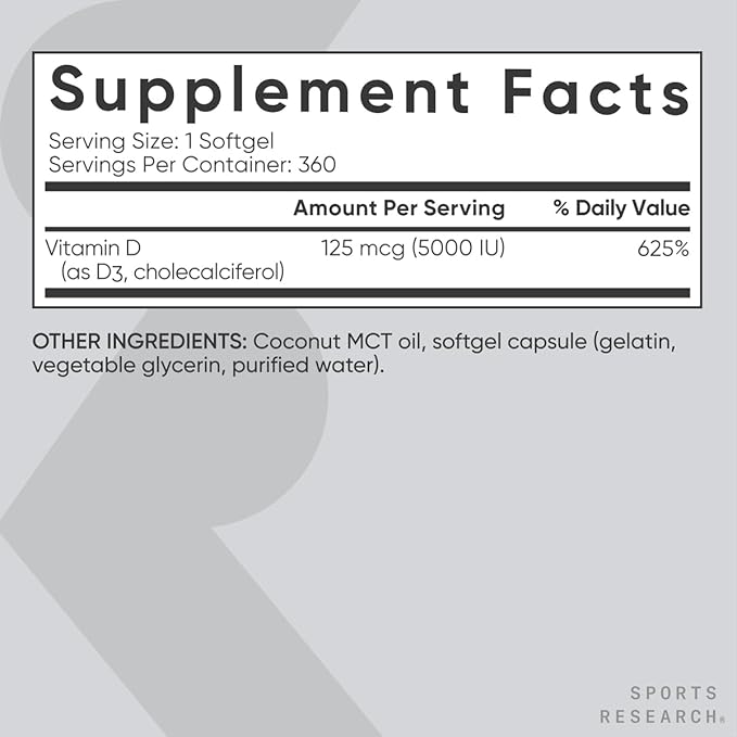 Sports Research® Vitamine D3 avec huile de noix de coco TCM - Complément de vitamine D3 haute puissance 5000 UI (125 mcg) pour le soutien immunitaire et osseux - Sans huile de graines - Sans OGM - Sans gluten (360 capsules molles liquides)