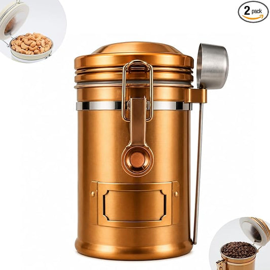 PRINCE G Airtight Coffee Canister, Light-Blocking Stainless Steel Coffee Storage Container with Scoop, 260g Coffee Bean Storage Jar, Bronze