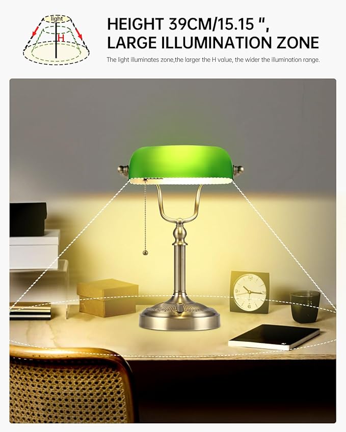 Green Glass Bankers Desk Lamp, Stepless Dimmable Table Lamp Plug in Fixture for Study, Office, LED Bulb Included