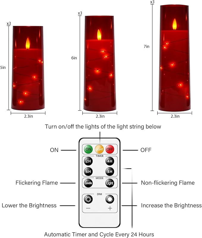 kakoya Flameless LED Candles with Timer 9 Pc Flickering Flameless Candles for Romantic Ambiance and Home Decoration Stable Acrylic Shell,with Embedded Star String，Battery Operated Candles（Red）