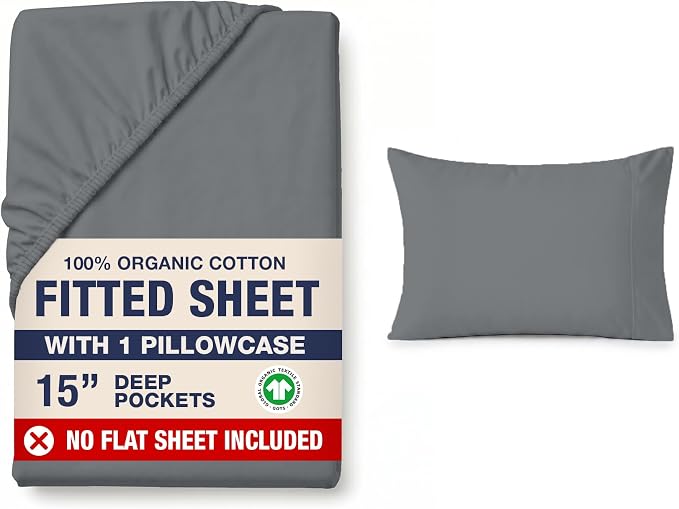 LANE LINEN 100% Organic Cotton Fitted Sheet Twin Size (No Flat Sheet) - Soft & Breathable Percale Weave Fitted Sheet Set for Added Luxury - 15'' Deep Pocket for Snug Fit - GOTS Certified - Charcoal
