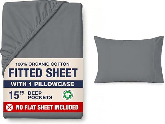 LANE LINEN 100% Organic Cotton Fitted Sheet Twin Size (No Flat Sheet) - Soft & Breathable Percale Weave Fitted Sheet Set for Added Luxury - 15'' Deep Pocket for Snug Fit - GOTS Certified - Charcoal