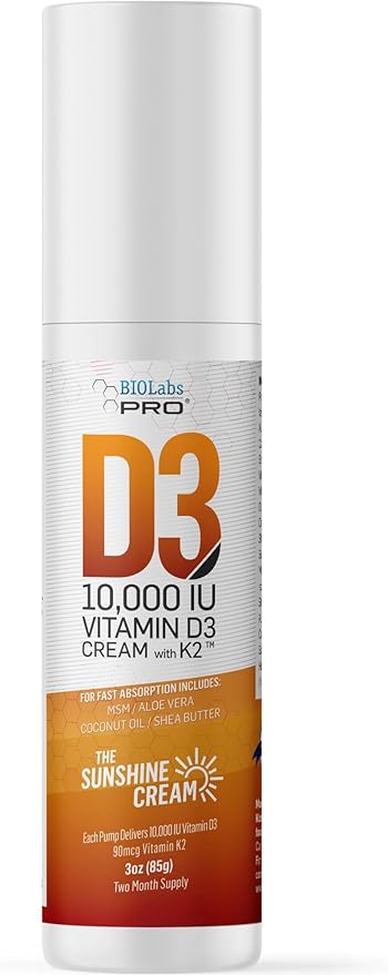 BIOLABS PRO All Natural Vitamin D3 10000IU Vitamin D Cream - Maximum Strength - Fight Vitamin D Deficiency Naturally - with Vitamin K2 & Olive Leaf Extract - Safe & Effective (10,000IU - 3.0oz)
