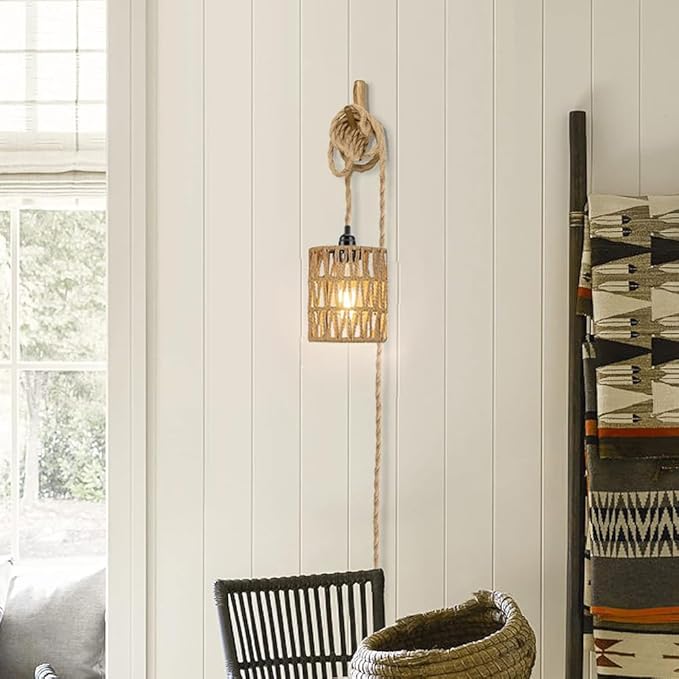 Boho Plug in Pendant Light, Hanging Light with Plug in Cord, Ceiling Lamp Rattan Cylinder Lamp Shade On-Off Switch, Hanging Plant Shelf Shelves Bohemian Decor for Bedroom Living Room Corner